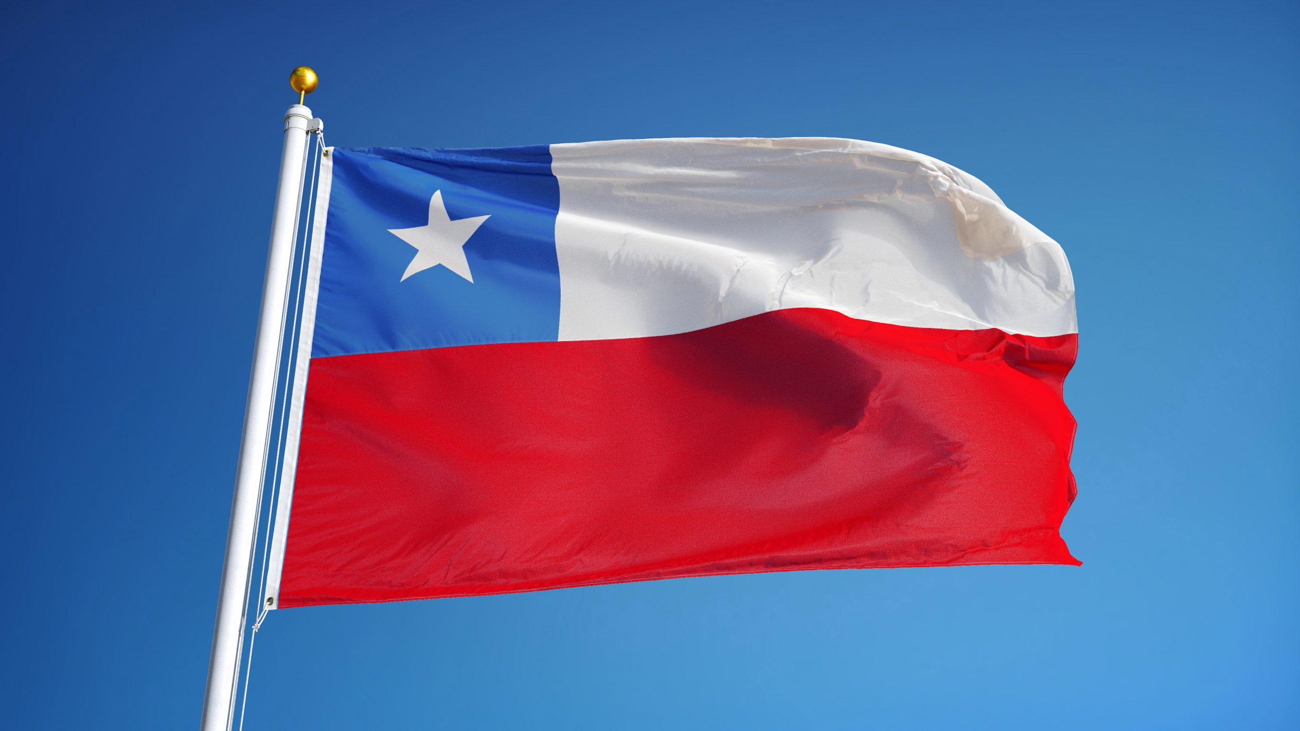 Chile,Flag,Waving,Against,Clean,Blue,Sky,,Close,Up,,Isolated